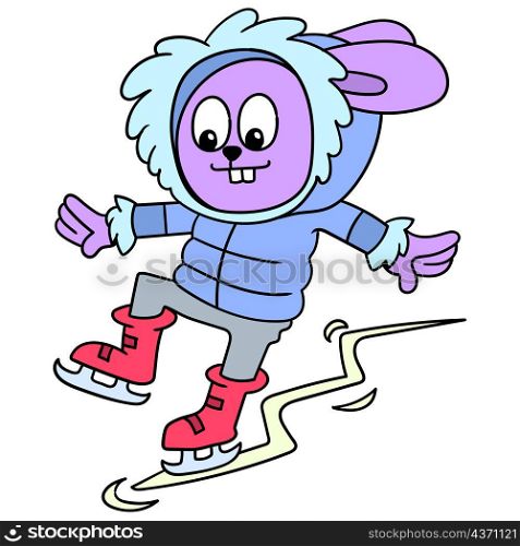 rabbit wearing hoodie jacket playing ice skating skate slip