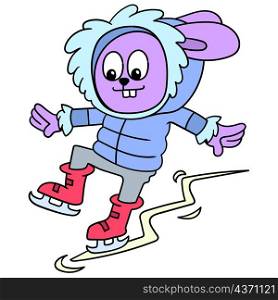 rabbit wearing hoodie jacket playing ice skating skate slip