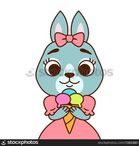 Rabbit with a bow on her head in a pink dress with ice cream. Print for greeting card, nursery decoration. Cartoon animal character vector illustration solated on white background.