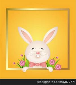Rabbit with a red bow on a yellow background. Easter card. Vector illustration.