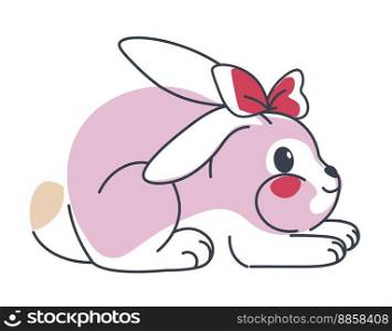 Rabbit with bow ribbon on head, isolated cute personage playful animal. Wild hare with long ears and cheerful muzzle with blush, fluffy bunny playing, emotion character. Vector in flat style. Female character rabbit with bow on head vector
