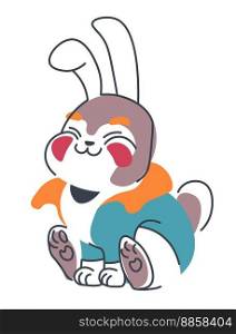Rabbit with long ears wearing knit clothes, sweaters or furry coats. Cute personage with cheerful muzzle and smile, blush cheeks and long ears. Wild hare animal. Isolated Vector in flat style. Smiling rabbit wearing winter clothes knitwear