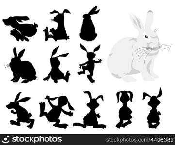 Rabbit2. Black silhouettes of a rabbit in movement. A vector illustration