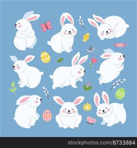 Rabbits characters. Smart bunny and easter eggs, spring rabbit set. Cartoon scandinavian animal diverse pose. White festive hare neoteric vector decor. Illustration of easter bunny and cute character. Rabbits characters. Smart bunny and easter eggs, spring rabbit set. Cartoon scandinavian animal diverse pose. White festive hare neoteric vector decor