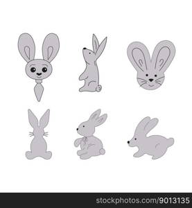 Rabbits in different poses and styles. Bunny set character. Gray Rabbits Vector illustration. Hares for icons, stickers, cover, print, textile, merch with rabbit, pattern, paper, scrapbooking.. Rabbits in different poses and styles. Bunny set character. Gray Rabbits Vector illustration.