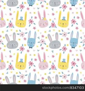 Rabbits seamless pattern. Colorful hand-drawn rabbits in simple kids cartoon style. Isolated over white background. Ideal for summer textiles, wrapping paper.. Rabbits seamless pattern. Colorful hand-drawn rabbits in simple kids cartoon style.