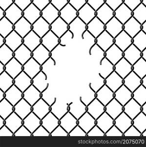 Rabitz chain-link, ripped fence mesh pattern, vector background. Iron metal wire fence or rabitz chain link net, with broken hole or break-in damage of cage, or prison and jail security barrier. Rabitz chain-link, ripped fence mesh pattern