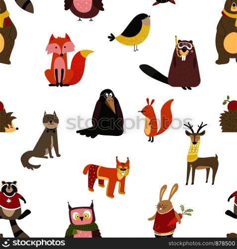 Raccoon and wolf, fox and owl bird wearing scarf vector. Seamless pattern of wildlife animals and birds looking funny in knitted sweaters with ornaments. Hedgehog with apple fruit, urchin with needles. Raccoon and wolf, fox and owl bird wearing scarf vector.