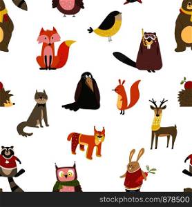 Raccoon and wolf, fox and owl bird wearing scarf vector. Seamless pattern of wildlife animals and birds looking funny in knitted sweaters with ornaments. Hedgehog with apple fruit, urchin with needles. Raccoon and wolf, fox and owl bird wearing scarf vector.