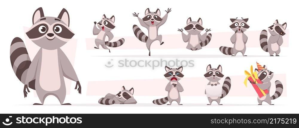 Raccoon animal. Wild mammal cute smile playing and jumping in various action poses forest dweller exact vector cartoon funny mascot. Raccoon animal lovely, character mammal funny illustration. Raccoon animal. Wild mammal cute smile playing and jumping in various action poses forest dweller exact vector cartoon funny mascot