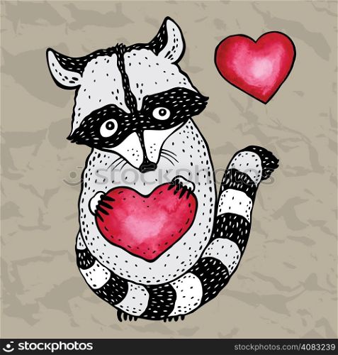 Raccoon carrying a heart. Cartoon Hand drawn illustration.