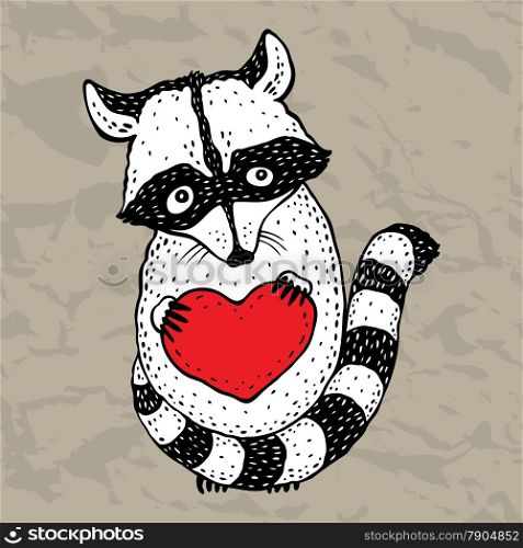 Raccoon carrying a heart. Cartoon Hand drawn illustration.