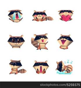 Raccoon Cartoon Character Set. Set of cartoon character raccoon with various emotions including happiness anger and in sleep isolated vector illustration