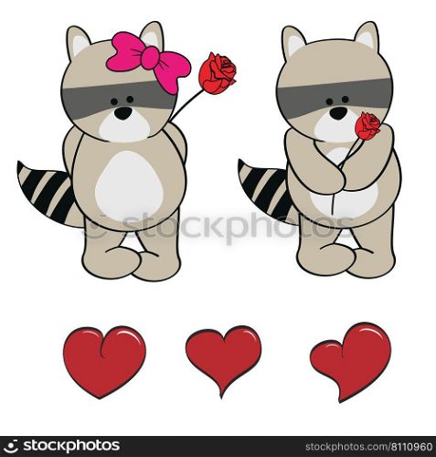 Raccoon character cartoon valentine rose pack Vector Image