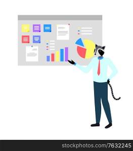 Raccoon character in suit showing chart and diagram on board. Portrait and full length view of hipster animal standing near board with graph report vector. Hipster Animal Raccoon Showing Diagram Vector