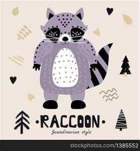 Raccoon cute funny character. Childish vector illustration in scandinavian style. Raccoon cute funny character. Childish vector illustration in scandinavian style flat design. Vector illusttration isolated concept for children print poster banner