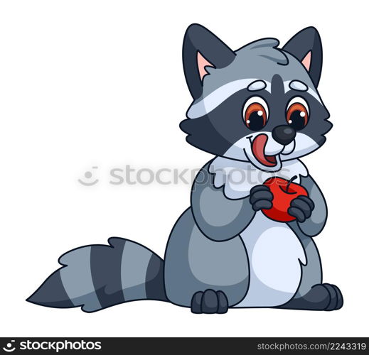 Raccoon holding apple. Hungry animal with tongue out isolated on white background. Raccoon holding apple. Hungry animal with tongue out