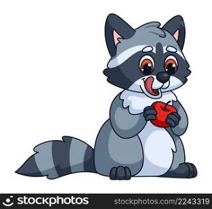 Raccoon holding apple. Hungry animal with tongue out isolated on white background. Raccoon holding apple. Hungry animal with tongue out