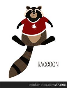 Raccoon in T-shirt childish cartoon book character. Wild forest animal with striped tail in clothes. Humanized mammal in garment caricature with species name sign isolated vector illustration.. Raccoon in T-shirt childish cartoon book character
