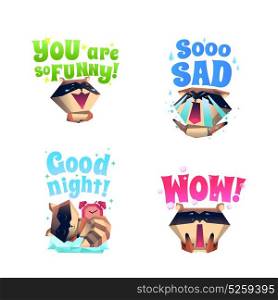Raccoon Mood 4 Cartoon Icons Composition . Funny raccoon fictional cartoon character 4 icons composition in funny sad and sleepy mood isolated vector illustration