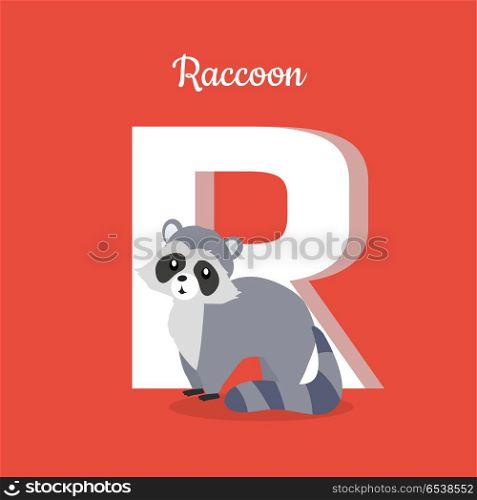 Raccoon with Letter R Isolated. ABC, Alphabet.. Raccoon with letter R isolated on red. Racoon, North American raccoon, northern raccoon and colloquially coon, medium-sized mammal. Part of alphabetic series with animals. ABC, alphabet. Vector