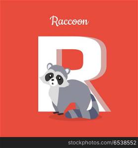 Raccoon with Letter R Isolated. ABC, Alphabet.. Raccoon with letter R isolated on red. Racoon, North American raccoon, northern raccoon and colloquially coon, medium-sized mammal. Part of alphabetic series with animals. ABC, alphabet. Vector