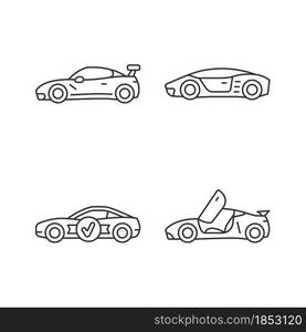 Race car models linear icons set. Customized vehicle. World-class auto. Unique door design. Customizable thin line contour symbols. Isolated vector outline illustrations. Editable stroke. Race car models linear icons set