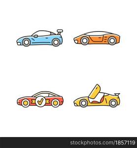 Race car models RGB color icons set. Customized vehicle. World-class auto. Unique door design. High-rated professional automobile. Isolated vector illustrations. Simple filled line drawings collection. Race car models RGB color icons set