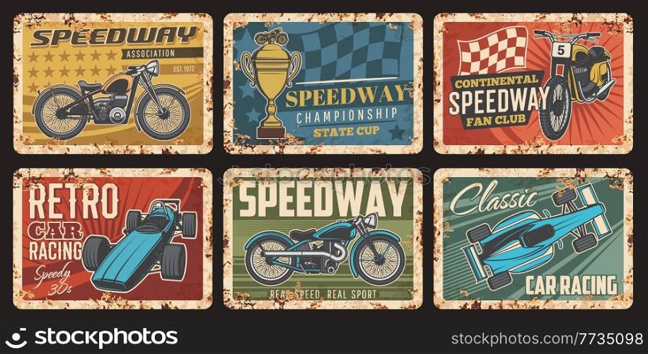 Race car, motorcycle and kart with finish flag vintage banners of vector racing sport, rally and motorsport. Auto racing retro vehicles, automobiles and bikes and championship trophy cups retro signs. Race car, motorcycle, kart, flag vintage banners