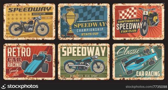 Race car, motorcycle and kart with finish flag vintage banners of vector racing sport, rally and motorsport. Auto racing retro vehicles, automobiles and bikes and championship trophy cups retro signs. Race car, motorcycle, kart, flag vintage banners