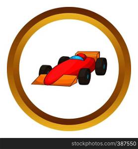Race car vector icon in golden circle, cartoon style isolated on white background. Race car vector icon