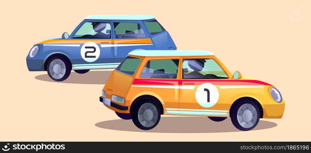 Race cars, cartoon rally auto with drivers. Racing automobiles of blue and orange colors with numbers on door prepare for track. Racetrack sport vehicles with pilots inside. Vector illustration. Race cars, cartoon rally auto with drivers inside