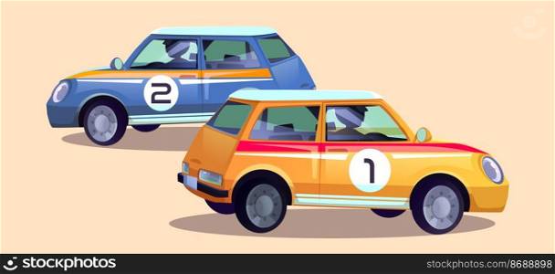 Race cars, cartoon rally auto with drivers. Racing automobiles of blue and orange colors with numbers on door prepare for track. Racetrack sport vehicles with pilots inside. Vector illustration. Race cars, cartoon rally auto with drivers inside