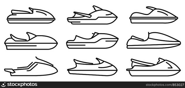 Race jet ski icons set. Outline set of race jet ski vector icons for web design isolated on white background. Race jet ski icons set, outline style