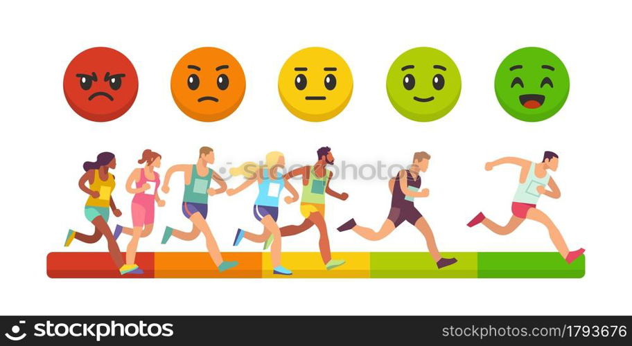 Race of emotions. Competition success measurement. Marathon winners rating. Emotional face expressions ranking. Cartoon people run. Sport achievement. Activity meter. Vector sprint results concept. Race of emotions. Competition success measurement. Marathon winners rating. Emotional face expressions ranking. Men and women run. Sport achievement meter. Vector sprint results concept