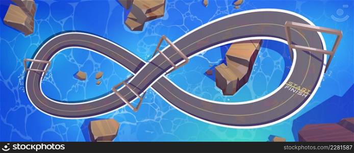 Race track for cars over sea water surface top view, road in shape of infinity sign with start and finish line. Cartoon background for game, racetrack aquatic location, asphalted vector way loop. Race track for cars at sea water surface top view