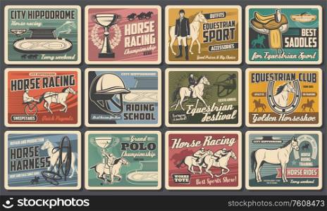 Racehorse and jockey retro posters of horse racing, equestrian sport, riding club and polo vector design. Race horses, riders and trophy cups, hippodrome, saddle and horseshoes, whip, mallet, helmet. Horses and jockeys with trophy, saddle, horseshoes