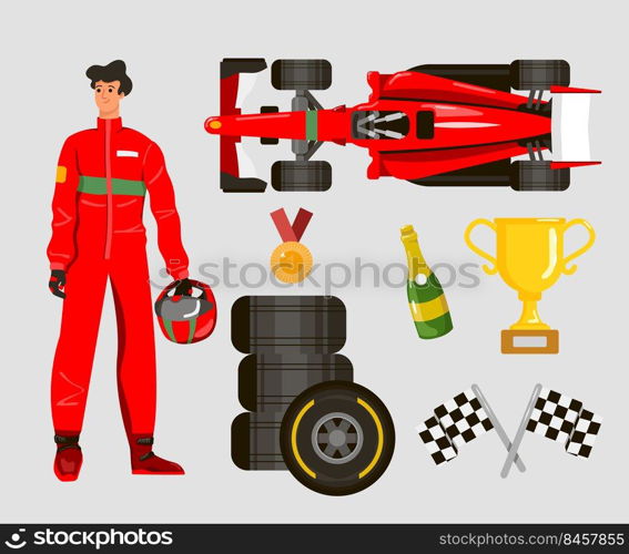 Racer cartoon character vector illustrations set. Race car and driver, man with helmet, gold cup, medal of winner, finish flags, ch&agne, wheels isolated on white background. Racing, sports concept