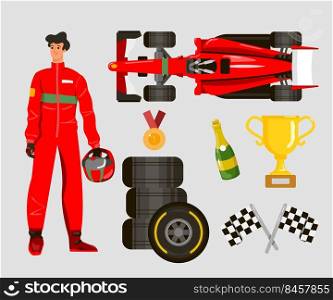 Racer cartoon character vector illustrations set. Race car and driver, man with helmet, gold cup, medal of winner, finish flags, ch&agne, wheels isolated on white background. Racing, sports concept