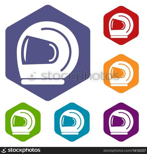 Racer helmet icons vector colorful hexahedron set collection isolated on white. Racer helmet icons vector hexahedron