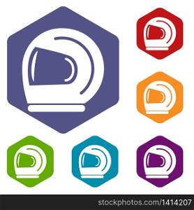 Racer helmet icons vector colorful hexahedron set collection isolated on white. Racer helmet icons vector hexahedron