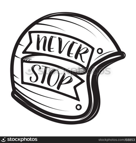 Racer helmet on white background. Design element for logo, label, emblem, sign. Vector illustration. Racer helmet on white background. Design element for logo, label