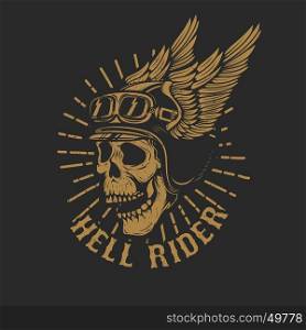racer skull in winged helmet isolated on dark background. Design element for emblem, poster, t-shirt. Vector illustration