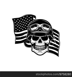 Racer skull on usa flag background. Biker skull. Design element for poster, card, banner, sign. Vector illustration
