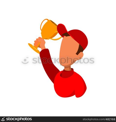 Racer with trophies cartoon icon. Racer with cup on a white background. Racer with trophies cartoon icon