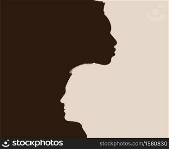 Racial equality anti-racism concept poster. Profile head silhouette of African American man intersecting into another Caucasian man. Diversity multiethnic people. Diverse culture society
