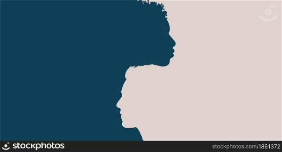 Racial equality anti-racism concept poster. Profile head silhouette of African American man intersecting into another Caucasian man. Diversity multiethnic people.Diverse. Banner copy space