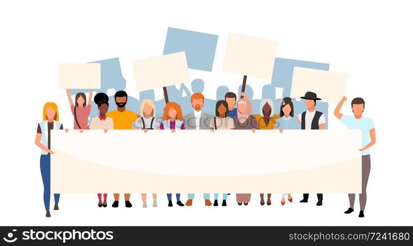 Racial inequality street protest flat illustration. Social movement, demonstration against racism. Multicultural activists holding blank placards cartoon characters. Human rights protection event