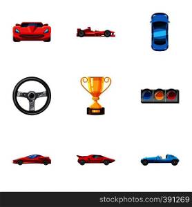 Racing accessories icons set. Cartoon illustration of 9 racing accessories vector icons for web. Racing accessories icons set, cartoon style