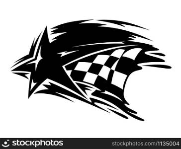 Racing and motorsport icon with a star over a black and white checkered flag with motion trails for speed, vector illustration on white. Motor racing and motorsport icon